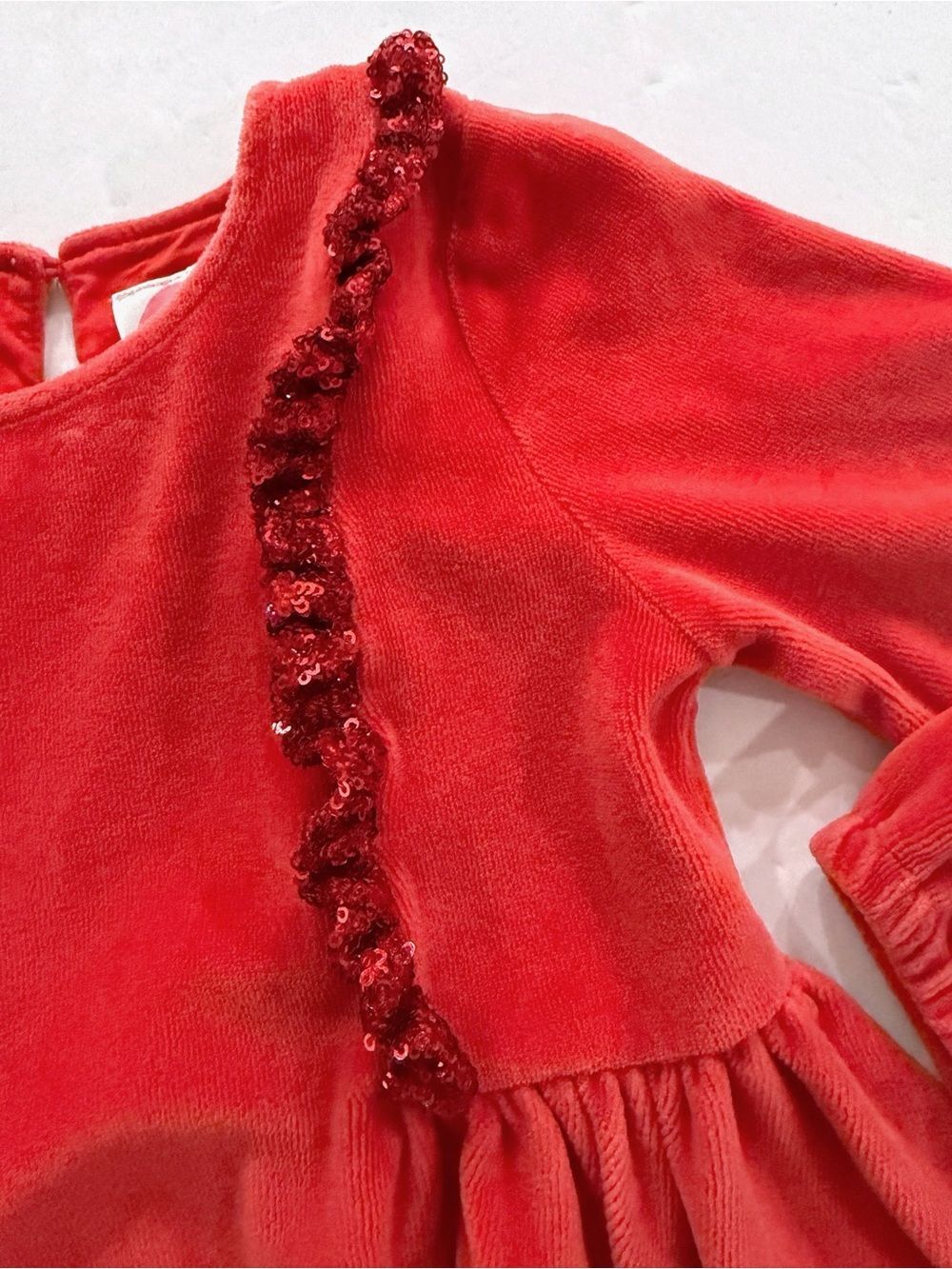 Mini Boden Girls 4-5Y Red Velour Sequin Ruffle Dress Holiday Party Cute - Picture 3 of 7